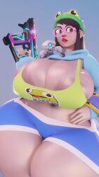  beanie big_breasts big_lips big_thighs brown_hair circular_glasses clothed dinopony glasses gun hoodie killjoy_(valorant) nipple_slip red_lipstick riot_games robot thick_thighs valorant  rating:explicit score: user:bot