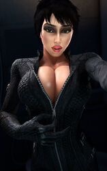 3d batesz batman_(series) big_breasts breasts catwoman cleavage dc_comics female female_only green_eyes large_breasts looking_at_viewer selina_kyle solo source_filmmaker unzipping rating:Questionable score:161 user:justausername