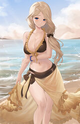 1girls beach bikini blonde_hair blue_eyes blue_sky breasts brown_bikini brown_swimsuit cleavage collarbone commentary_request feet_out_of_frame female female_only fire_emblem fire_emblem:_three_houses fire_emblem_heroes haru_(nakajou-28) highres large_breasts long_hair looking_at_viewer mercedes_von_martritz mercedes_von_martritz_(summer) navel nintendo ocean official_alternate_costume outdoors parted_lips sarong sky solo standing stomach swimsuit thighs water rating:Questionable score:59 user:kris923