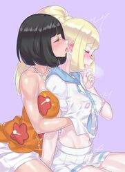 2girls absurdres alternate_breast_size areolae belly big_breasts black_eyes blonde_hair blush breasts closed_eyes clothes ear_licking erect_nipples evuoaniramu eyelashes female female_only from_behind hand_under_shirt heavy_breathing highres human human_only licking lillie_(pokemon) midriff mizuumi_(bb) motion_lines nintendo nipple_pinch nipples open_mouth pokemon pokemon_sm ponytail purple_background see-through selene_(pokemon) shirt shorts skirt tank_top teeth tongue trembling yuri rating:Explicit score:210 user:justausername