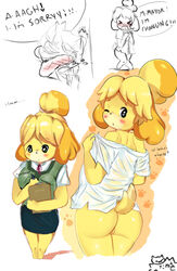 >_< 2017 animal_crossing animal_crossing_boy anthro ass bell blonde_hair blue_skirt blush bottomless breasts canine closed_eyes cowboy_shot cropped_legs embarrassed english_text eyebrows_visible_through_hair female from_behind full_body furry green_eyes green_vest hair hair_bell hair_ornament hands_together hands_up human isabelle_(animal_crossing) jingle_bell knees_together_feet_apart looking_back looking_down male medium_breasts multiple_views nintendo nose_blush open_mouth pen pencil_skirt pussy raised_eyebrow red_ribbon ribbon shiny shiny_hair shiny_skin shirt short_hair short_sleeves simple_background skirt speech_bubble standing tail talking tanuk_kun text_focus tied_hair undressing vest villager_(animal_crossing) white_background white_shirt yellow_fur rating:Explicit score:45 user:bot