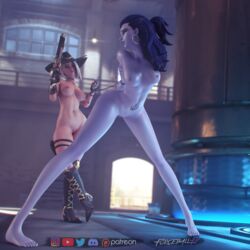 2girls 3d areolae arms_behind_back ashe_(overwatch) bondage breasts female female_only femdom femsub forceballfx havana_(map) long_legs looking_back nipples nude overwatch restrained widowmaker yuri rating:Explicit score:439 user:justausername