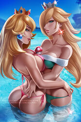 2girls ass bikini blonde_hair blue_eyes breasts cleavage crown duo earrings female female_only human jewelry long_hair looking_at_viewer looking_to_the_side mario_(series) multiple_girls nintendo olchas outdoors princess_peach princess_rosalina super_mario_bros. swimsuit symmetrical_docking thong very_long_hair water yuri rating:Questionable score:632 user:justausername