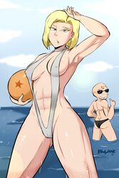 1boy 1girls abs android_18 armpits bodyattk breasts cameltoe cleavage dragon_ball dragon_ball_z erect_nipples female krillin kuririn looking_at_viewer male one-piece_swimsuit sling_bikini solo_focus swimsuit rating:Questionable score:41 user:justausername