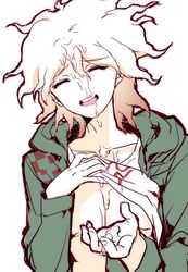 1boy closed_eyes color cum cum_drip cum_on_body cum_on_face cum_on_upper_body cupping_hands danganronpa danganronpa_2:_goodbye_despair hoodie implied_yaoi jacket male male_focus male_only mozi nagito_komaeda open_jacket open_mouth open_smile raised_shirt smile solo solo_focus straight_hair white_background white_hair rating:Explicit score:42 user:bot