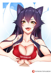 ahri big_breasts breasts cleavage erection female large_breasts league_of_legends looking_at_viewer male open_mouth paizuri paizuri_under_clothes penis pov straight tofuubear tongue tongue_out yellow_eyes rating:Explicit score:199 user:justausername