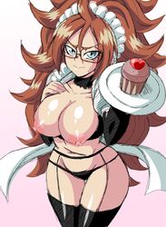 1girls android_21 android_21_(human) areolae big_breasts black_panties blue_eyes breasts brown_hair dragon_ball dragon_ball_fighterz female female_only food glasses large_breasts lewdamone long_hair looking_at_viewer maid maid_uniform nipples panties pink_background plate sketch solo topless wide_hips rating:Explicit score:230 user:justausername