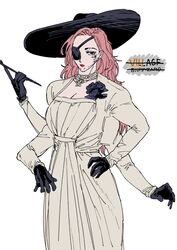  alcina_dimitrescu alcina_dimitrescu_(cosplay) black_flower black_gloves black_headwear commentary_request cosplay dress extra_arms extra_eyes eyepatch facial_tattoo female flower genderswap_(mtf) gloves hat highres jujutsu_kaisen long_hair long_sleeves looking_at_viewer pink_hair red_eyes resident_evil resident_evil_village rose_00291 rule_63 ryoumen_sukuna_(jujutsu_kaisen) simple_background tattoo white_background white_dress  rating:safe score: user:bot