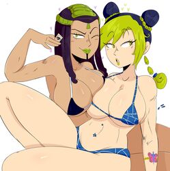 :o barefoot belly big_breasts bikini bra breast_press breast_to_breast breasts curvy dark-skinned_female dark_hair dark_skin ermes_costello female green_eyes green_hair green_lipstick half-dressed half_naked huge_breasts jinu jojo's_bizarre_adventure jolyne_kujo kiss_(jjba) latina looking_at_viewer looking_away midriff navel navel_piercing open_mouth panties shiny_skin small_bikini smile stomach stone_ocean tattoo thick_thighs two_tone_hair underboob underwear white_skin wide_hips winking rating:Questionable score:576 user:ZeroZerito