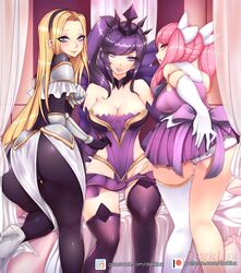 3girls blonde_hair blue_eyes boots breasts clothing dark_elementalist_lux darklux elementalist_lux female hairband heart-shaped_pupils large_breasts league_of_legends leg_lift long_hair looking_at_viewer luxanna_crownguard one_thighhigh open_mouth panties pink_eyes pink_hair presenting_hindquarters purple_eyes purple_hair short_hair skirt skirt_lift spread_legs star_guardian_lux star_guardian_series thick_thighs thighhighs twintails white_gloves rating:Safe score:245 user:NotThatGuy