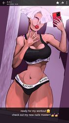 1girls a.k.i. big_lips blacked blacked_clothing inkuption mirror mirror_selfie netorare sports_bra street_fighter street_fighter_6 text white_hair rating:Explicit score:15 user:Inkuption