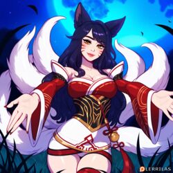  ahri ai_generated kimono league_of_legends league_of_legends:_wild_rift lerrilas medium_breasts navy_blue_hair outstretched_arms riot_games yellow_eyes  rating:questionable score: user:lerrilas