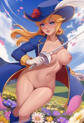 1girls 2d blonde_hair blue_boots blue_coat blue_eyes blue_hat blue_sky blush boots bottomless bottomless_female breasts cloud curvaceous curvy day earrings exlic facing_viewer falling_petals feet_out_of_frame female female_only flower_field gloves hat holding_sword hourglass_figure human human_only humanoid legs_together light-skinned_female light_skin looking_at_viewer mario_(series) medium_breasts mostly_nude naked_coat nipples no_bra no_panties not_furry nsfw open_jacket outdoor_nudity outdoors pale-skinned_female pale_skin parted_lips pink_nipples png princess_peach princess_peach:_showtime! pussy smile solo sphere_earrings swordfighter_peach thigh_gap uncensored white_gloves rating:Explicit score:195 user:jill58