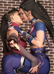 2girls 3d armor black_hair clone clonecest dancing edenian eye_contact female female_only fully_clothed hand_on_thigh imminent_kiss incest kissing kitana kiteena long_hair mileena mortal_kombat mortal_kombat_1_(2023) neck_grab princess rayalterego23 royalty sisters yuri rating:Questionable score:54 user:movesetmain