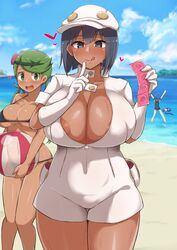 3girls aether_foundation aether_foundation_employee aether_foundation_employee_(female) areola_slip beach beach_ball big_breasts bikini blue_eyes breasts bursting_breasts condom condom_packet_strip condom_wrapper dark-skinned_female dark_blue_hair dark_skin detailed_background female female_aether_foundation_employee female_only full_cleavage gesture gluteal_fold green_eyes green_hair hair_ornament hat holding_ball holding_condom huge_breasts human index_finger_raised lana_(pokemon) licking licking_lips looking_at_viewer mallow_(pokemon) multiple_girls nintendo nipples ocean pokemon pokemon_(species) pokemon_sm popplio sand sea seductive short_dress shush shushing smile suit summer sunny teal_eyes unzipped white_dress yamaori rating:Explicit score:454 user:Hikaru_Zulu