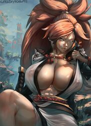 1girls abs baiken breasts cleavage cutesexyrobutts female female_only guilty_gear huge_breasts looking_at_viewer muscular_female solo thick_thighs rating:Questionable score:321 user:justausername