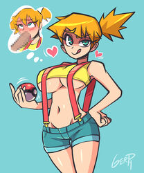 1boy 1girls alternate_breast_size bare_shoulders belly big_breasts censored cleavage clothed curvy denim erection eyelashes female gerph green_eyes hand_on_hips heart heart-shaped_pupils human human_only kasumi_(pokemon) looking_at_viewer midriff navel nintendo oral orange_hair penis poke_ball pokemon pokemon_rgby shirt short_hair shorts side_ponytail smile straight suspenders tank_top text thigh_gap thin_waist thinking underboob watermark rating:Explicit score:238 user:TheRedMaverick