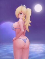 1girls ass ass_cleavage big_ass bikini blue_bikini blue_eyes breasts butt_crack crown female female_only hair_over_one_eye hand_on_hip hi_res human large_breasts long_hair looking_at_viewer mario_(series) moon moonlight night nintendo ocean pale-skinned_female princess princess_rosalina rear_view royalty saf-404 safartwoks safartworks smile solo space standing star_earrings super_mario_galaxy thick_thighs thin_waist thong video_game_character wide_hips rating:Explicit score:140 user:billcollection