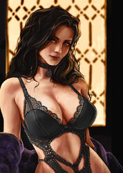 1girls bedroom bedroom_eyes black_hair breasts cd_projekt_red choker clothing collar eyeshadow female goth kaer_art kaer_morhen light-skinned_female lingerie lipstick long_hair looking_at_viewer naughty_face pale-skinned_female petite purple_eyes purple_eyeshadow purple_lipstick seductive_eyes seductive_look seductive_mouth slim solo sorceress the_witcher_(series) the_witcher_3:_wild_hunt violet_eyes yennefer rating:Explicit score:22 user:Kokizi