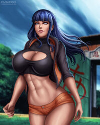 abs big_breasts blue_hair breasts cleavage female female_only flowerxl hyuuga_hinata large_breasts looking_at_viewer naruto pinup short_shorts shorts solo rating:Questionable score:110 user:justausername