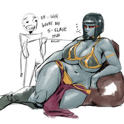 1boy 1girls big_breasts bob_cut breasts chubby cosplay crossover crossover_cosplay darkseid dc genderswap genderswap_(mtf) lady_darkseid lying mature_female navel partially_colored red_eyes redblacktac rule_63 sketch slave_bikini slave_leia_(cosplay) star_wars thick_thighs wide_hips rating:Questionable score:180 user:punkmaster