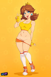 1girls abs athletic blue_eyes breasts brown_hair cleavage clothes earrings eyelashes female female_only fingerless_gloves flashing flashing_pussy gloves gym_clothes gym_uniform hairless_pussy hourglass_figure human innie_pussy kneehighs kneesocks looking_at_viewer mario_(series) mario_tennis medium_breasts nintendo open_mouth orange_background owler pants_down peace_sign presenting presenting_pussy princess_daisy pussy shadow shoes shorts shorts_down simple_background smile sneakers socks solo sportswear standing tank_top text thick_thighs thighs thin_waist tongue tongue_out v watermark wide_hips rating:Explicit score:361 user:justausername