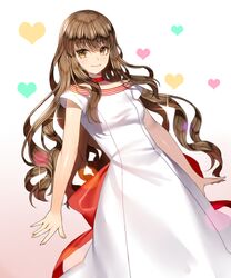  breasts brown_hair choker commentary dress fate/extella fate/extra fate_(series) female heart kishinami_hakuno_(female) long_hair medium_breasts ribbon ruhee smile solo symbol-only_commentary yellow_eyes  rating:safe score: user:bot