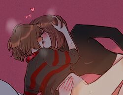  2girls blushing bottomless carrying_partner chara eyes_closed frisk heart hearts holding_head kissing lesbian nikomochi partially_clothed sweat sweatdrop sweater sweating touching_hair undertale yuri  rating:explicit score: user:tactgirls