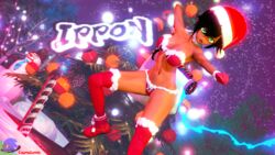  3d_(artwork) bikini black_hair christmas_2022 christmas_tree cosmixlewds dark-skinned_female female female_only festive green_eyes hi_res koikatsu looking_at_viewer medium_breasts miyo_suzuki_(cosmixlewds) mouth_open ninja_girl ninjala original_character partially_clothed shiny_skin text watermark  rating:questionable score: user:h3nikolmix