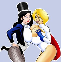 2girls black_hair blonde_hair breast_press breast_to_breast breasts busty cleavage dc dc_comics glassfish huge_breasts large_breasts multiple_girls power_girl smile zatanna rating:Explicit score:42 user:A1cb3