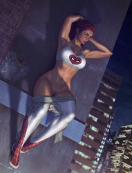 1girls clothes_removed crop_top female female_only heroine human human_only krysdecker light-skinned_female light_skin marvel mary_jane_watson on_wall pubic_hair red_hair solo spider-man_(series) spider-man_crop_top spinneret_(mary_jane_watson) themed_clothes rating:Explicit score:81 user:acds