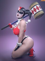 1girls 3d 3d_(artwork) alternate_version_at_source alternate_version_available ass batman_(series) belly_button big_ass big_breasts big_hips big_thighs bra breasts bust dc dc_comics eyemask female_only gloves harley_quinn harley_quinn_(classic) headwear looking_at_viewer mask midriff panties simple_background smitty34 solo solo_female tattoo thick_thighs underwear wide_hips wristwear rating:Questionable score:95 user:Crcole331