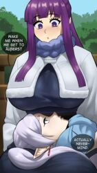 2females 2girls absurdres breasts clothed echosaber english_text female fern_(sousou_no_frieren) frieren huge_breasts light-skinned_female long_hair purple_hair sousou_no_frieren white_hair rating:Questionable score:261 user:N33dForBr33d