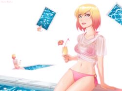 3girls big_breasts bikini blonde_hair blue_eyes drink flower gwen_poole gwenpool looking_at_viewer marikbentusi marvel pink_bikini pink_hair pool see-through shirt sitting two_tone_hair water wet_shirt rating:Safe score:57 user:PlunderCall