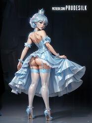  ai_generated ass ass_focus blue_eyes blue_hair cartoony crown dark_background drawing dress dress_lift heels high_heels legwear looking_at_viewer looking_back nylons panties pantyshot princess prudesilk queen short_hair stockings white_hair  rating:questionable score: user:prudesilk