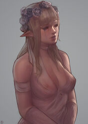 absurdres blonde_hair breasts cleavage elf female female_only highres natthelich nipples pointy_ears solo rating:Questionable score:144 user:justausername