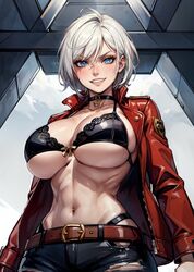 1girls ahoge ai_generated big_breasts black_bra blue_eyes blush bra breasts capcom choker collar dante dante_(dmc:_devil_may_cry) devil_may_cry female female_only from_below genderbent grin huge_breasts jacket large_breasts leather_jacket looking_at_viewer looking_down midriff navel open_clothing open_jacket red_jacket ripped_pants rule_63 rule_63 short_hair skindentation solo stable_diffusion standing tampopo underboob whale_tail white_hair rating:Questionable score:65 user:Tampopo