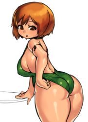 adjusting_swimsuit ass back bent_over borvar brown_eyes brown_hair curvy female female_only green_one-piece_swimsuit green_swimsuit key large_breasts nikki_(swapnote) nintendo one-piece_swimsuit short_brown_hair short_hair sideboob source_request swapnote swimsuit thick_thighs rating:Questionable score:161 user:kikimaru024