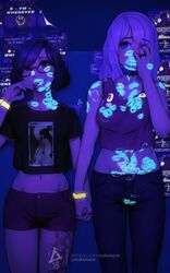 2girls aurahack bite_mark blacklight blue_eyes blue_hair blush bob_cut bracelet breasts choker clothed collar eyelashes eyeliner eyeshadow female female_only glasses glowing hand_holding hand_on_face height_difference holding_hands implied_sex interlocked_fingers jeans kiss_mark lipstick lipstick_mark lipstick_on_breast lipstick_on_cheek lipstick_on_pussy lipstick_on_stomach long_hair lots_of_lipstick_marks makeup medium_breasts medium_hair midriff nail_polish red_eyes short_hair short_shorts shorts small_breasts t-shirt tank_top tattoo ultraviolet_light white_hair yuri rating:Safe score:467 user:Troll69