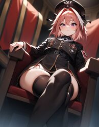 ai_generated astolfo_(fate) crossing_legs femboy from_below general looking_at_viewer looking_down military military_uniform naughty_face nazi sitting sitting_on_chair skindentation tetillas tetillas_(artist) trap rating:Explicit score:68 user:Tetillas