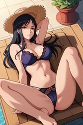  ai_generated barefoot black_hair blue_bikini exe56 female female_only laying_on_back medium_breasts nico_robin one_piece  rating:explicit score: user:exe56