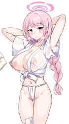  bandaged_leg bandages blue_archive braid breasts dusu_hachikuji eimi_(blue_archive) female_pubic_hair fundoshi halo happi highres japanese_clothes large_breasts long_hair navel pink_eyes pink_hair pubic_hair pussy simple_background steam steaming_body wet wet_clothes white_background yamakasa  rating:explicit score: user:bot