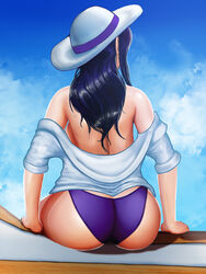 1girls aethosart ass back bare_shoulders big_ass bikini_bottom blue_background blue_hair breasts caitlyn_kiramman cleavage female female_only from_behind hat huge_ass league_of_legends panties pool_party_caitlyn pool_party_series sideboob sitting solo topless rating:Questionable score:127 user:justausername