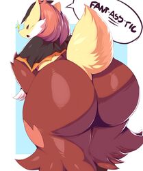 1girls 2018 absurd_res anthro ass big_ass blue_background border canine chubby clothes delphox english_text eyelashes female female_only fluffy fox fur furry hat highres hips huge_ass huge_butt huge_hips large_ass looking_at_viewer looking_back mammal multicolored_fur nintendo open_mouth orange_eyes orange_fur overweight overweight_female pokémon_(species) pokemon pokemon_xy pokemorph rear_view red_eyes red_fur simple_background solo speech_bubble tail talking_to_viewer teeth text thick_thighs thighs trinity-fate62 white_border white_fur wide_hips yellow_fur rating:Questionable score:168 user:viper757