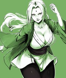 absurdres arm_up artist_name breasts cleavage closed_mouth collarbone facial_mark female floating_hair forehead forehead_mark green_background green_theme hair_intakes haori highres japanese_clothes large_breasts lips long_hair mature_female missfaves monochrome naruto naruto_(series) pants sash shirt solo tsunade rating:Questionable score:89 user:legion_cong