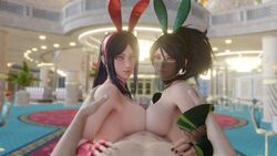 1boy 2girls 3d akali animated black_hair blue_eyes breasts brown_eyes bunny_ears collaborative_paizuri double_paizuri face_veil ffm_threesome irelia_xan large_breasts lazyprocrastinator league_of_legends long_hair looking_at_viewer male_pov nail_polish no_sound paizuri paizuri_lead_by_male pov threesome video rating:Explicit score:705 user:ToggafNaelik