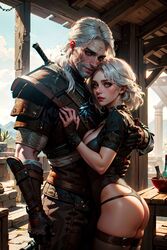 3d ai_generated ass breasts ciri clothing female geralt_of_rivia green_eyes hug light-skinned_female male sarella the_witcher_(series) the_witcher_3:_wild_hunt white_hair rating:Explicit score:25 user:Kokizi