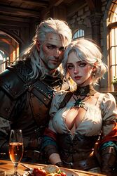 3d ai_generated breasts ciri clothing female geralt_of_rivia green_eyes inside light-skinned_female male sarella the_witcher_(series) the_witcher_3:_wild_hunt white_hair rating:Explicit score:12 user:Kokizi