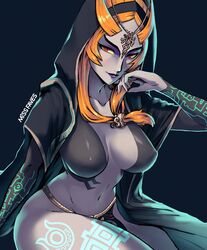 artist_name black_cape black_skin breasts cape circlet colored_sclera colored_skin commentary dark_background english_commentary eyeshadow female forehead_jewel head_rest highres hood hood_up hooded_cape large_breasts long_hair looking_at_viewer makeup midna midna_(true) missfaves multicolored_skin navel nintendo orange_hair purple_eyeshadow purple_lips red_eyes sitting solo spoilers the_legend_of_zelda the_legend_of_zelda:_twilight_princess twili_midna two-tone_skin yellow_sclera rating:Questionable score:80 user:legion_cong