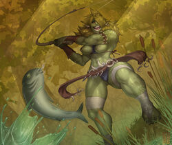 a'rogza areolae armband between_breasts blonde_hair breasts breasts_out cedargrove clothes_between_breasts feet female female_only fish fishing fishing_rod foot_wraps forest grass green_hair green_skin hair_ornament hair_over_one_eye happy humanoid leg_wraps loincloth medium_breasts muscles muscular_female navel nipples open_smile orc orc_female original outdoors panties red_eyes sharp_teeth smile solo spiky_hair sweat toes toned tree upskirt water rating:Explicit score:170 user:SolemnTagger